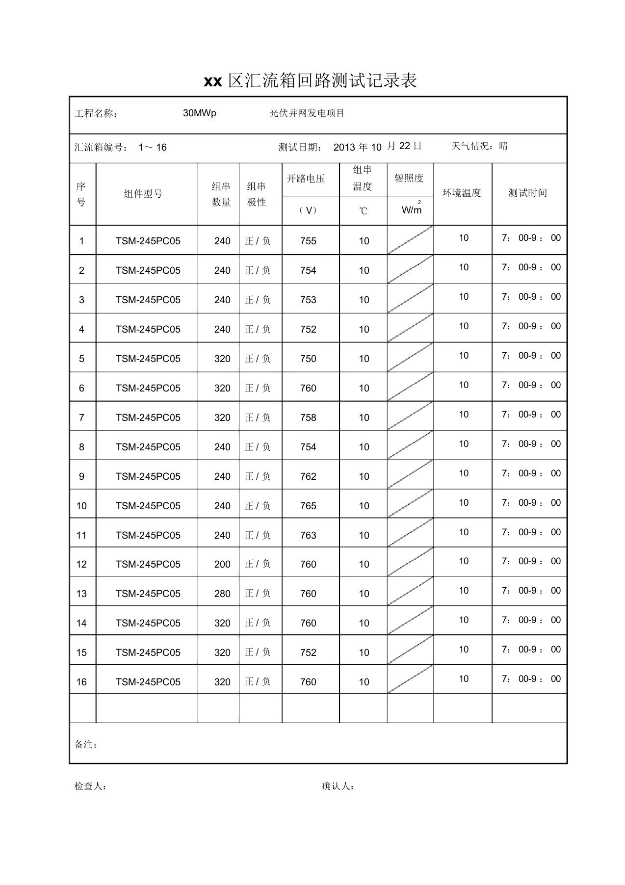 光伏汇流箱回路测试记录表