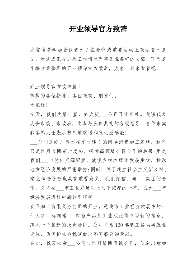 开业领导官方致辞