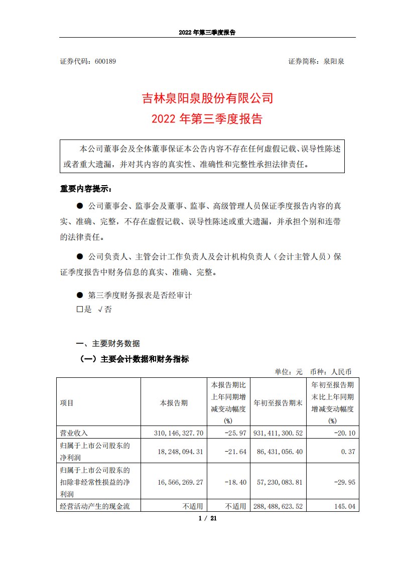 上交所-吉林泉阳泉股份有限公司2022年第三季度报告-20221027