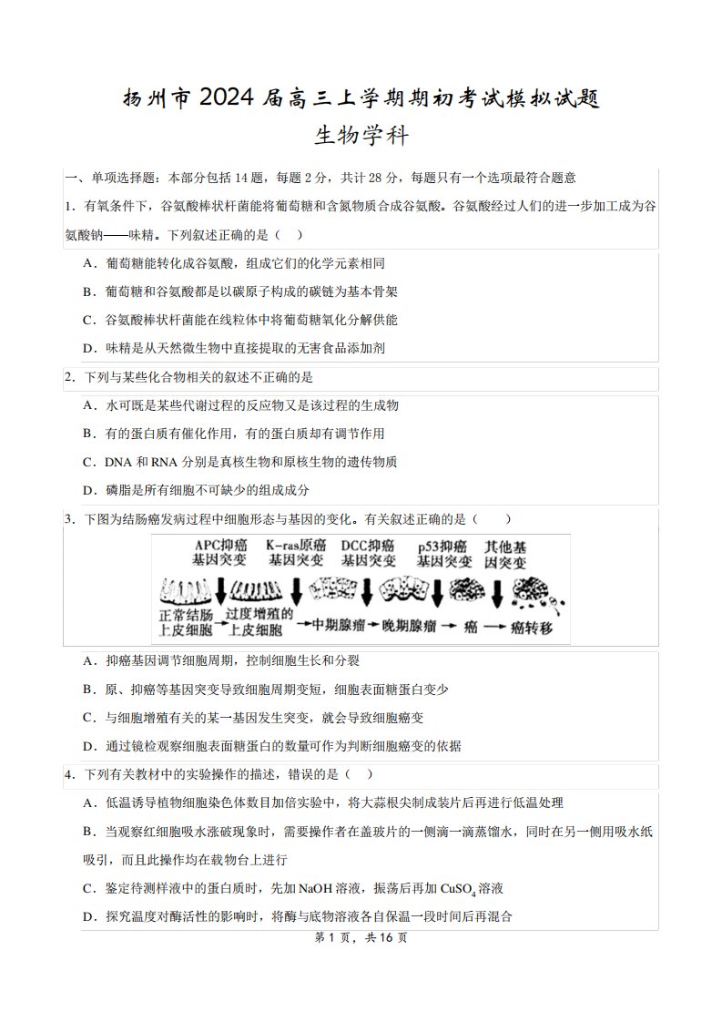 扬州市2024届高三上学期期初考试模拟试题生物试卷及答案