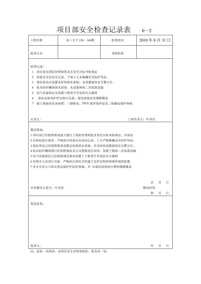 项目部安全检查记录表