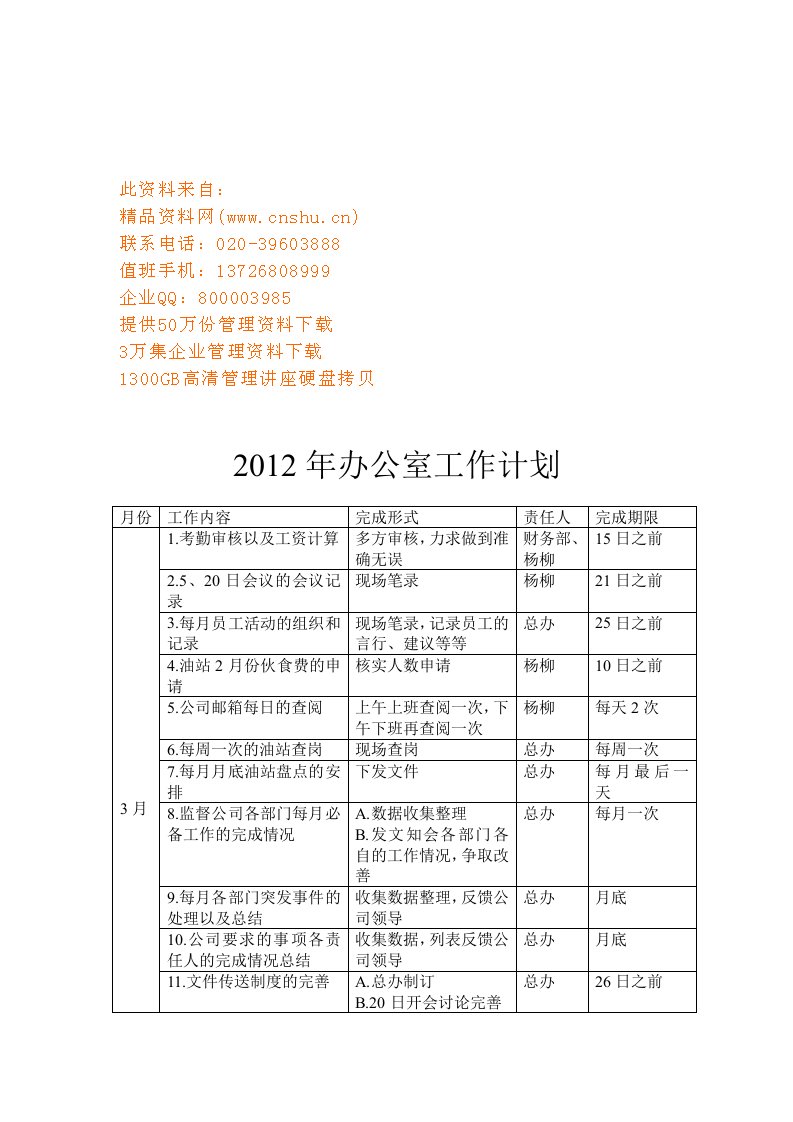 精选企业办公室年度工作计划