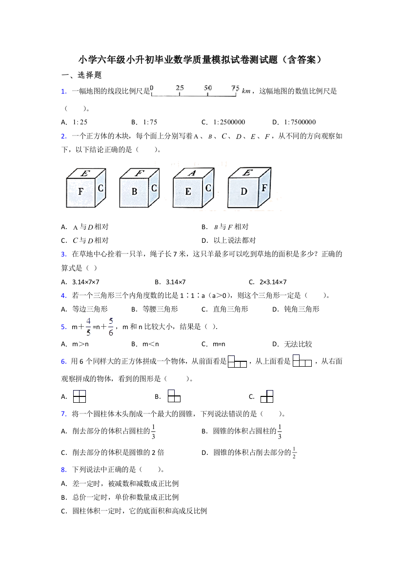 小学六年级小升初毕业数学质量模拟试卷测试题(含答案)