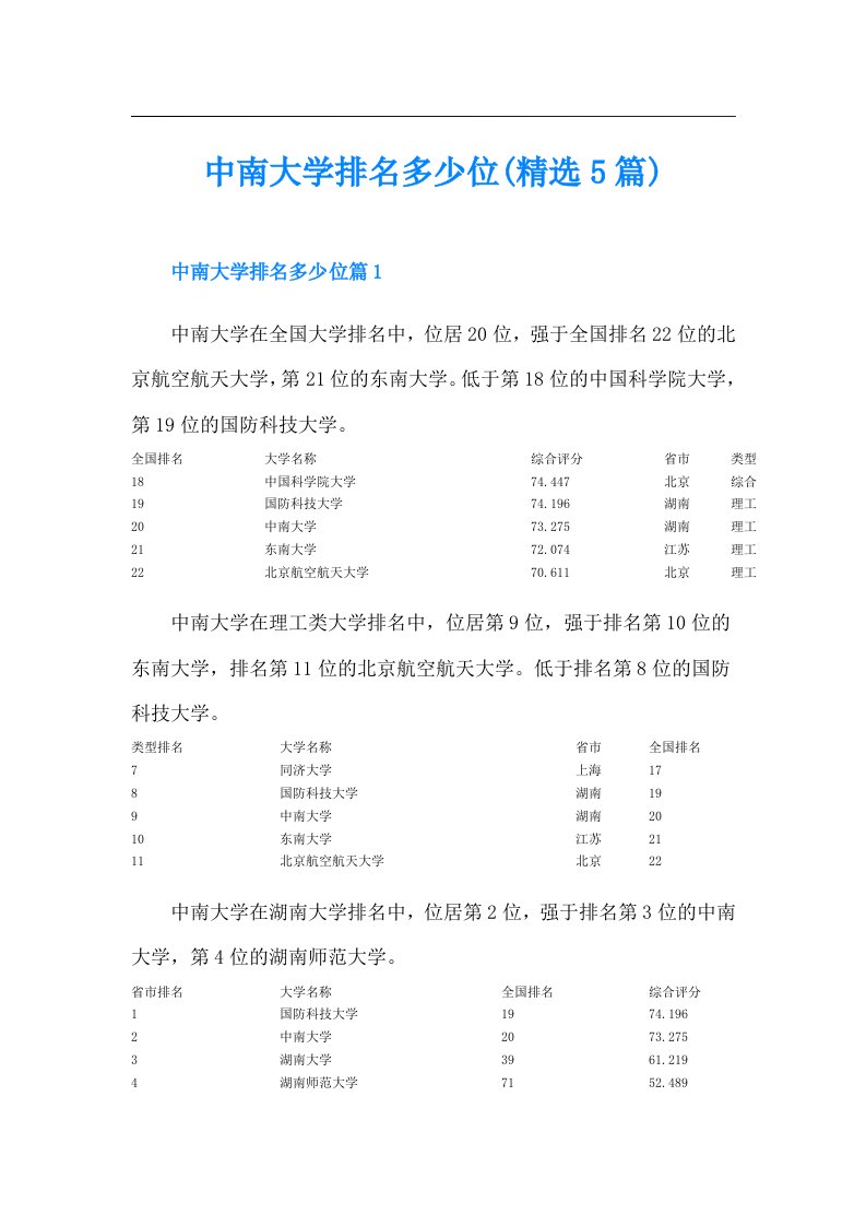 中南大学排名多少位(精选5篇)