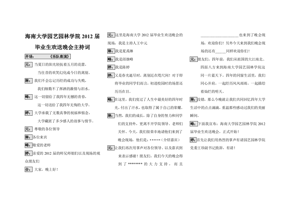 海南大学园艺园林学院2012届毕业生欢送晚会主持词