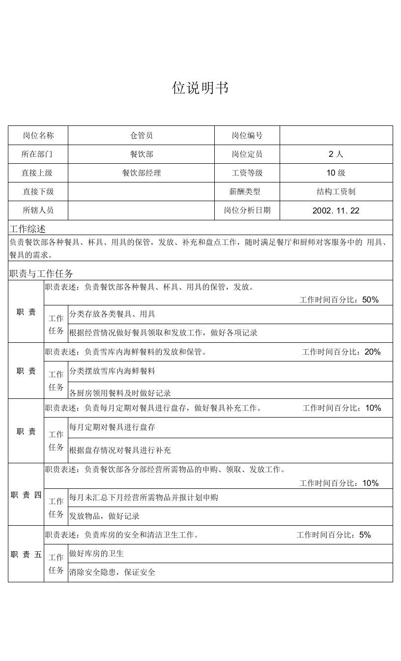 x国际大酒店餐饮部岗位说明书-仓管员(doc)