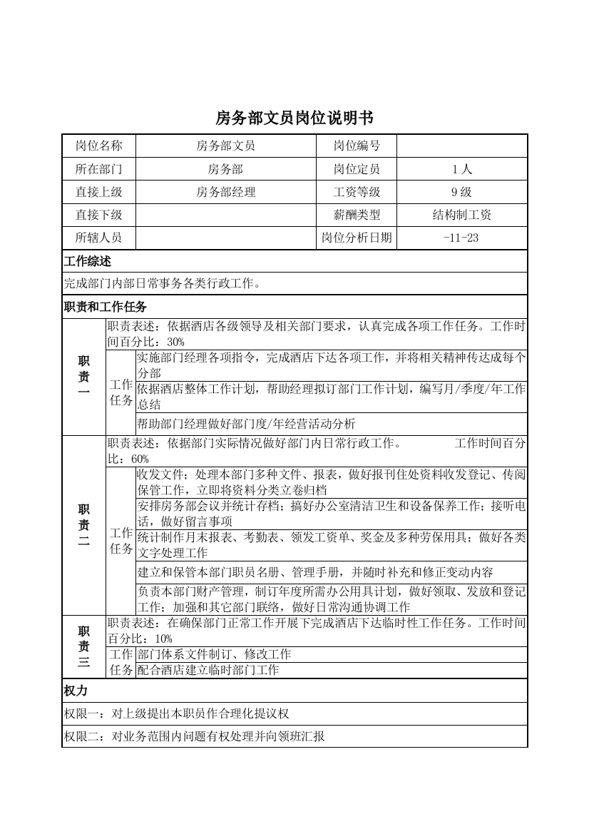 房务部文员的岗位说明书样本