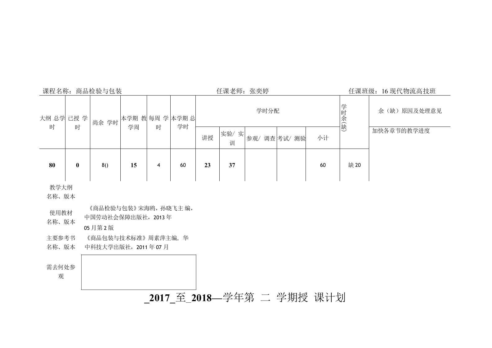 《商品检验与包装》授课计划