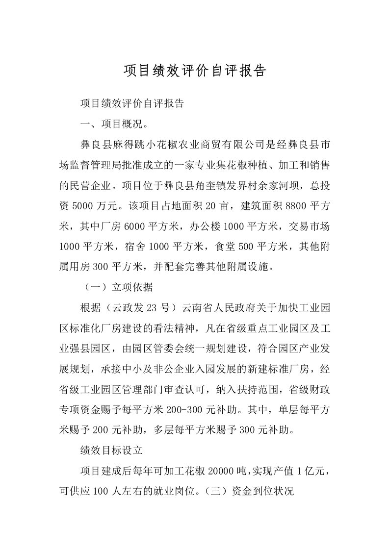 项目绩效评价自评报告