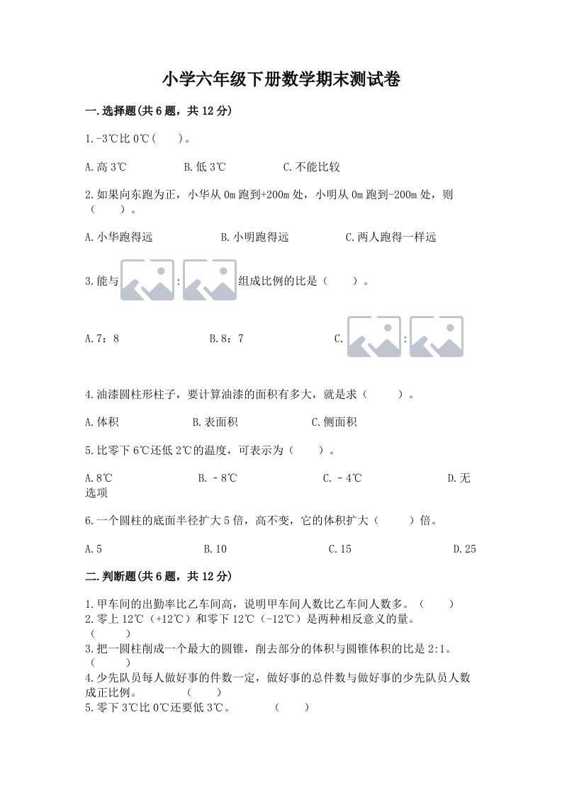 小学六年级下册数学期末测试卷含答案【巩固】