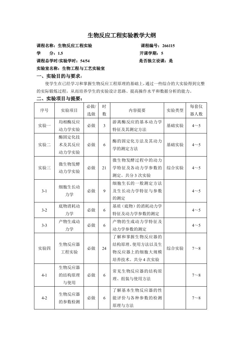 生物反应工程实验教学大纲