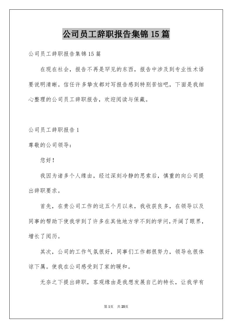 公司员工辞职报告集锦15篇范本