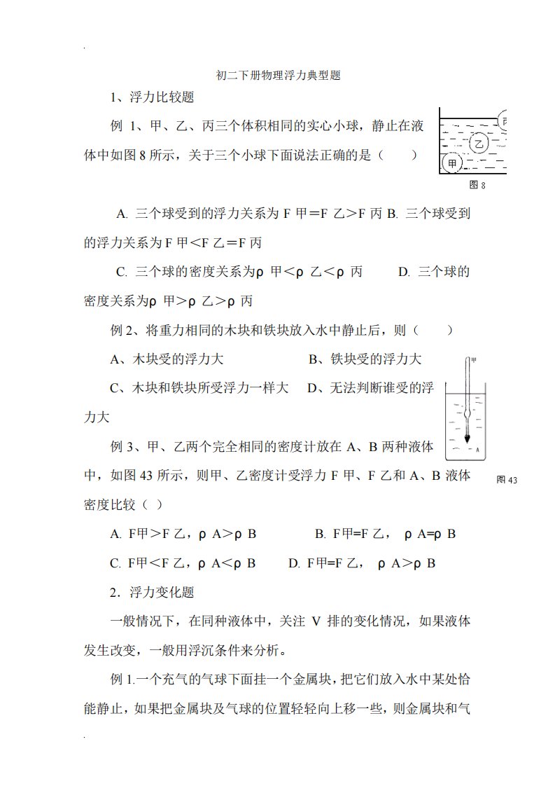 初二下册物理浮力典型题综合版