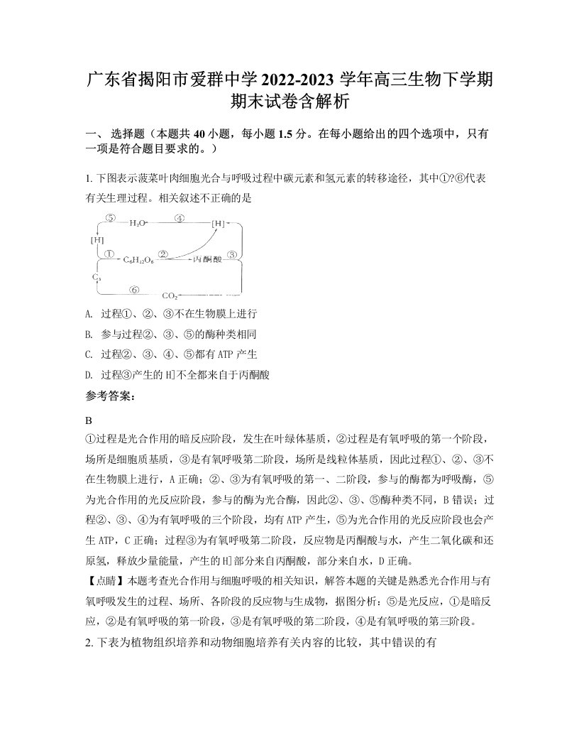 广东省揭阳市爱群中学2022-2023学年高三生物下学期期末试卷含解析