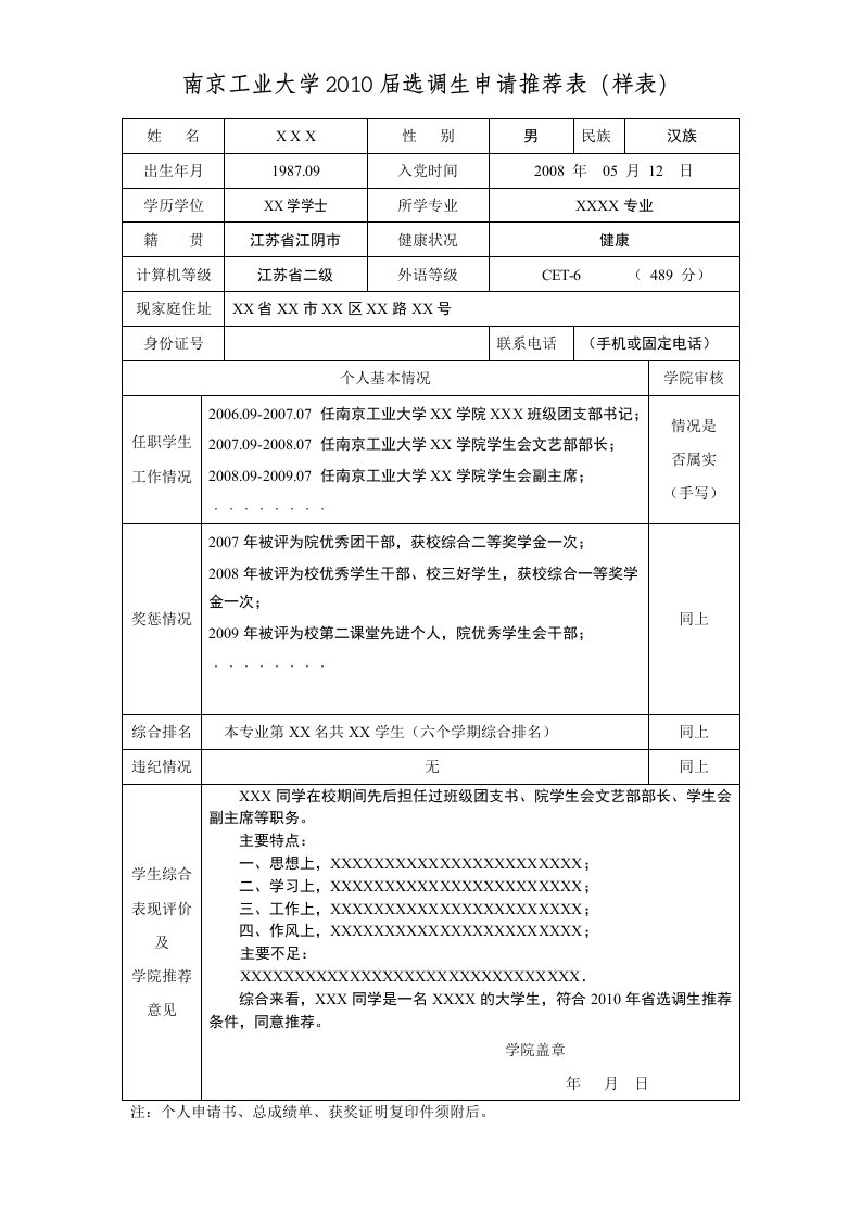 南京工业大学2010届选调生申请推荐表(样表)