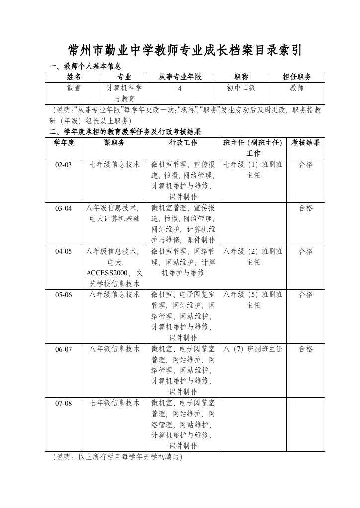 常州市勤业中学教师专业成长档案目录索引3