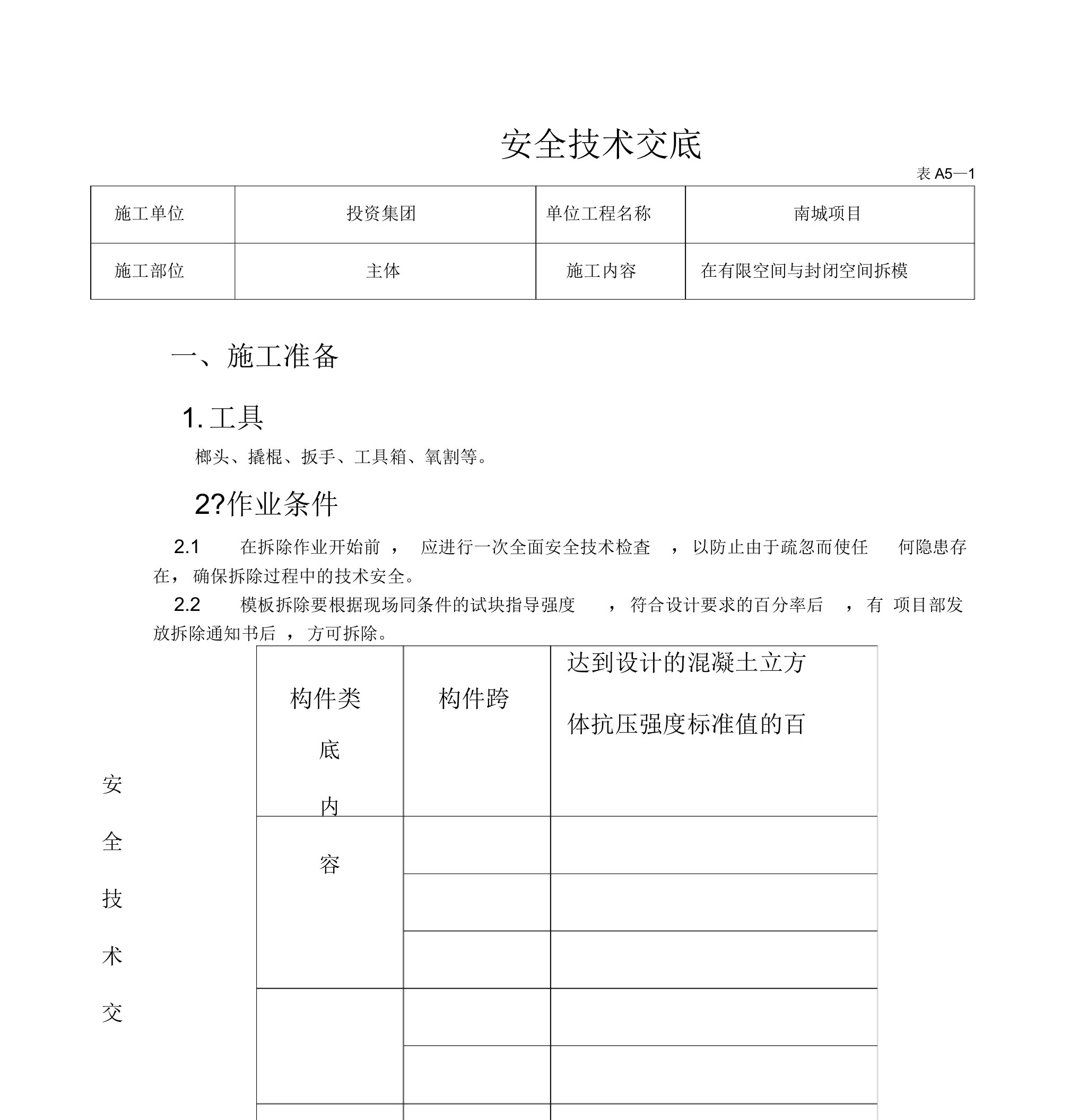 在有限空间及封闭空间拆模安全技术交底