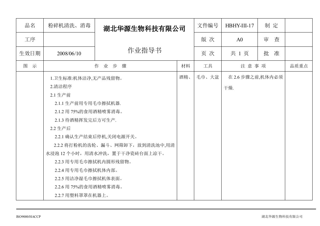 374423--湖北华源生物科技有限公司作业指导书--hbhyys17粉碎机清洗消毒作业指导书-生产制度表格