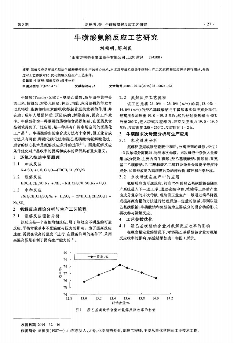 牛磺酸氨解反应工艺研究