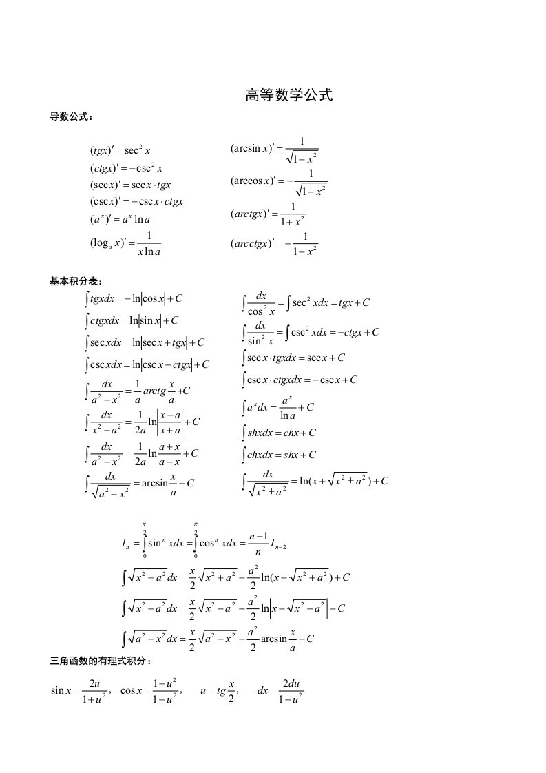 考研高等数学公式汇总