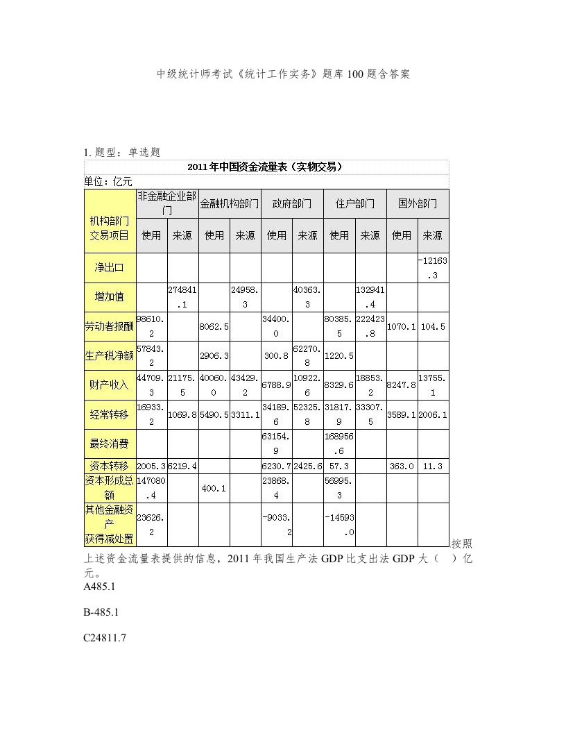 中级统计师考试统计工作实务题库100题含答案第171版