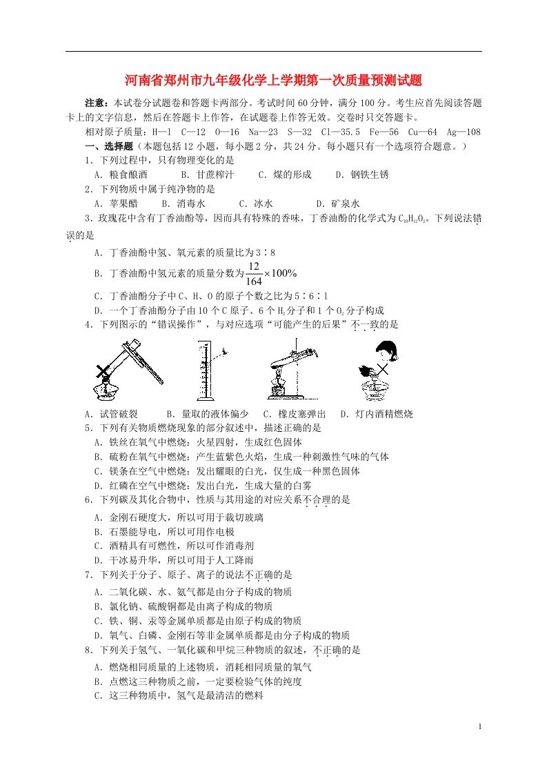 河南省郑州市九级化学上学期第一次质量预测试题