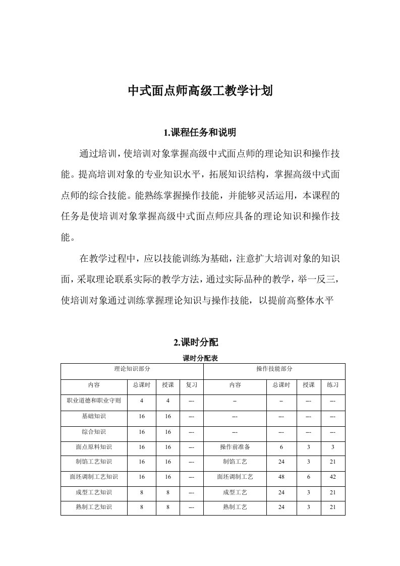 中式面点师(高级)教学计划