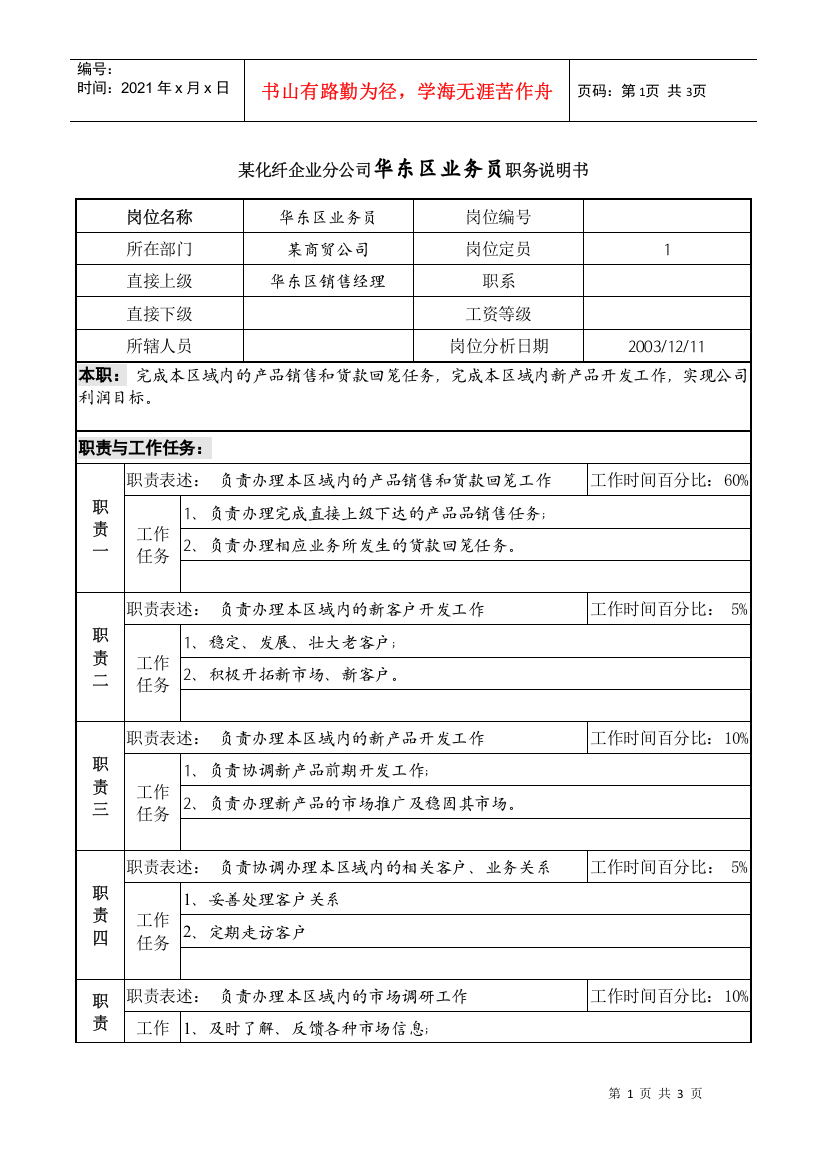 某化纤企业分公司华东区业务员职务说明书.