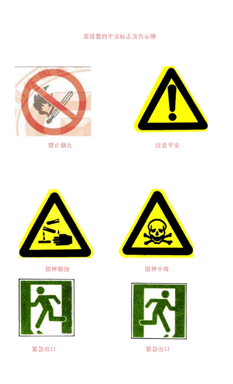 需设置的安全标志及告示牌