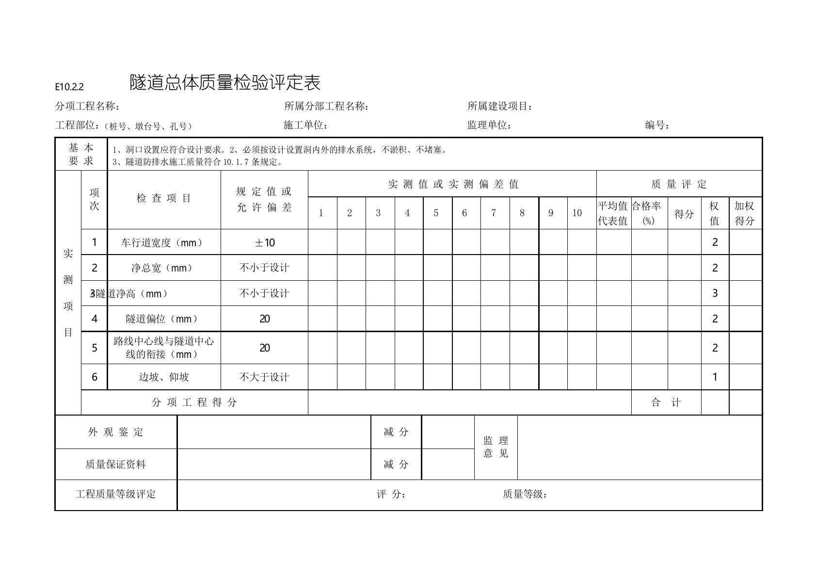 隧道工程质量检验评定表