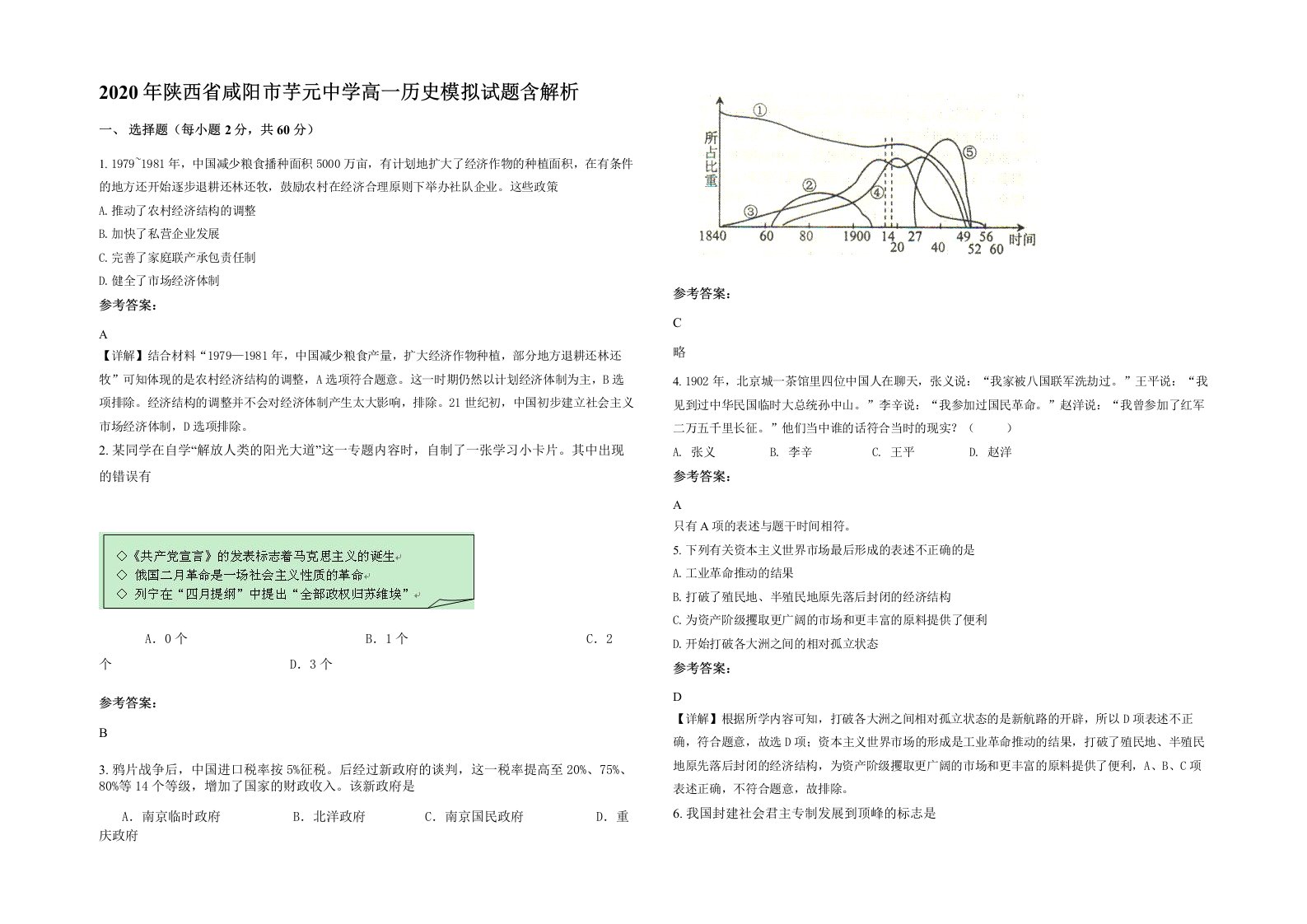 2020年陕西省咸阳市芋元中学高一历史模拟试题含解析