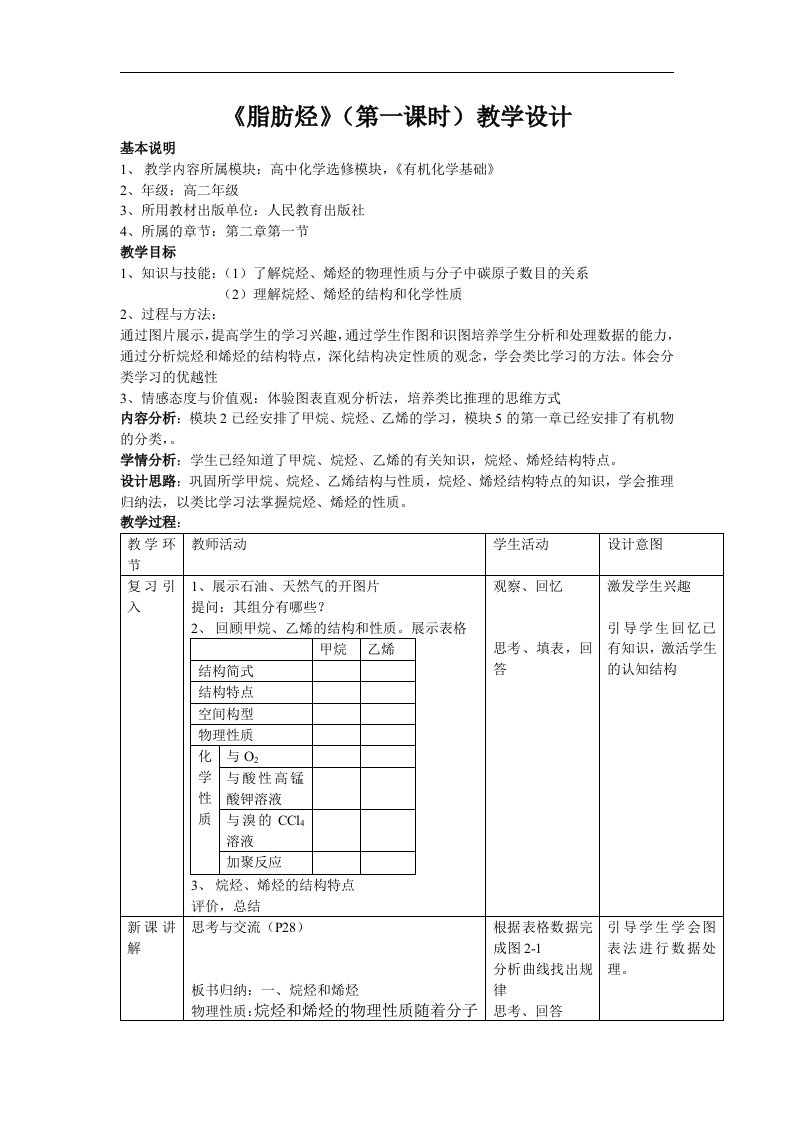 新人教版化学选修5高中《脂肪烃》一