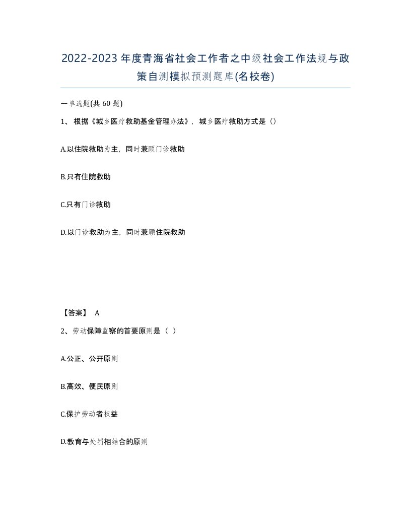 2022-2023年度青海省社会工作者之中级社会工作法规与政策自测模拟预测题库名校卷