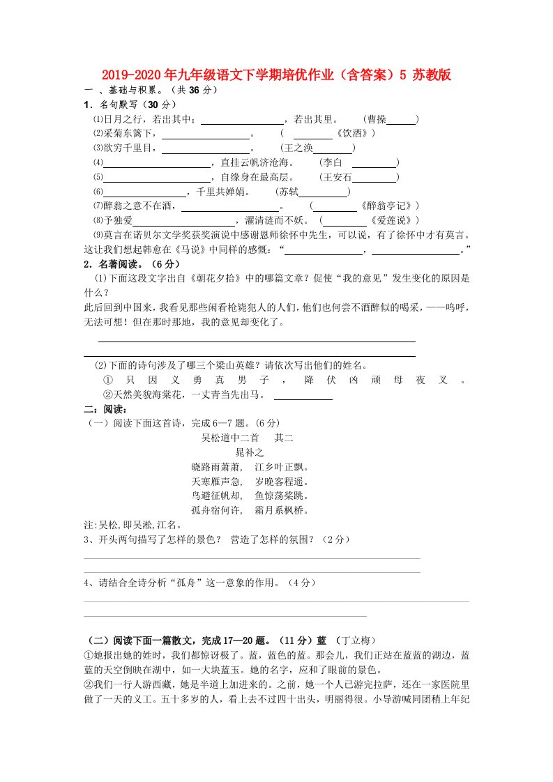 2019-2020年九年级语文下学期培优作业（含答案）5