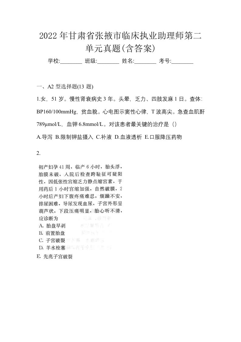 2022年甘肃省张掖市临床执业助理师第二单元真题含答案