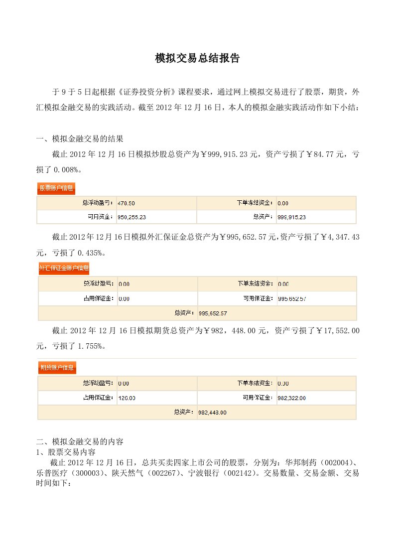 证券模拟交易总结报告