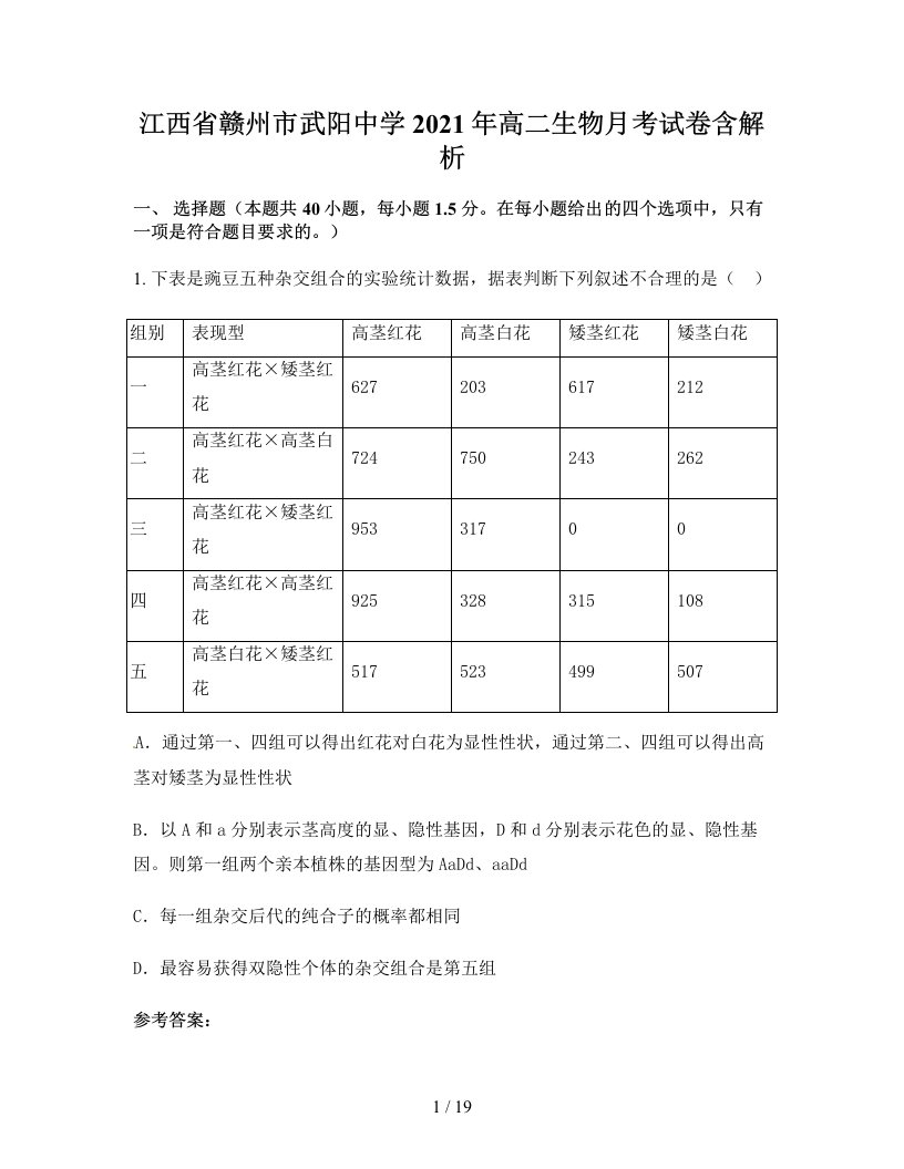 江西省赣州市武阳中学2021年高二生物月考试卷含解析