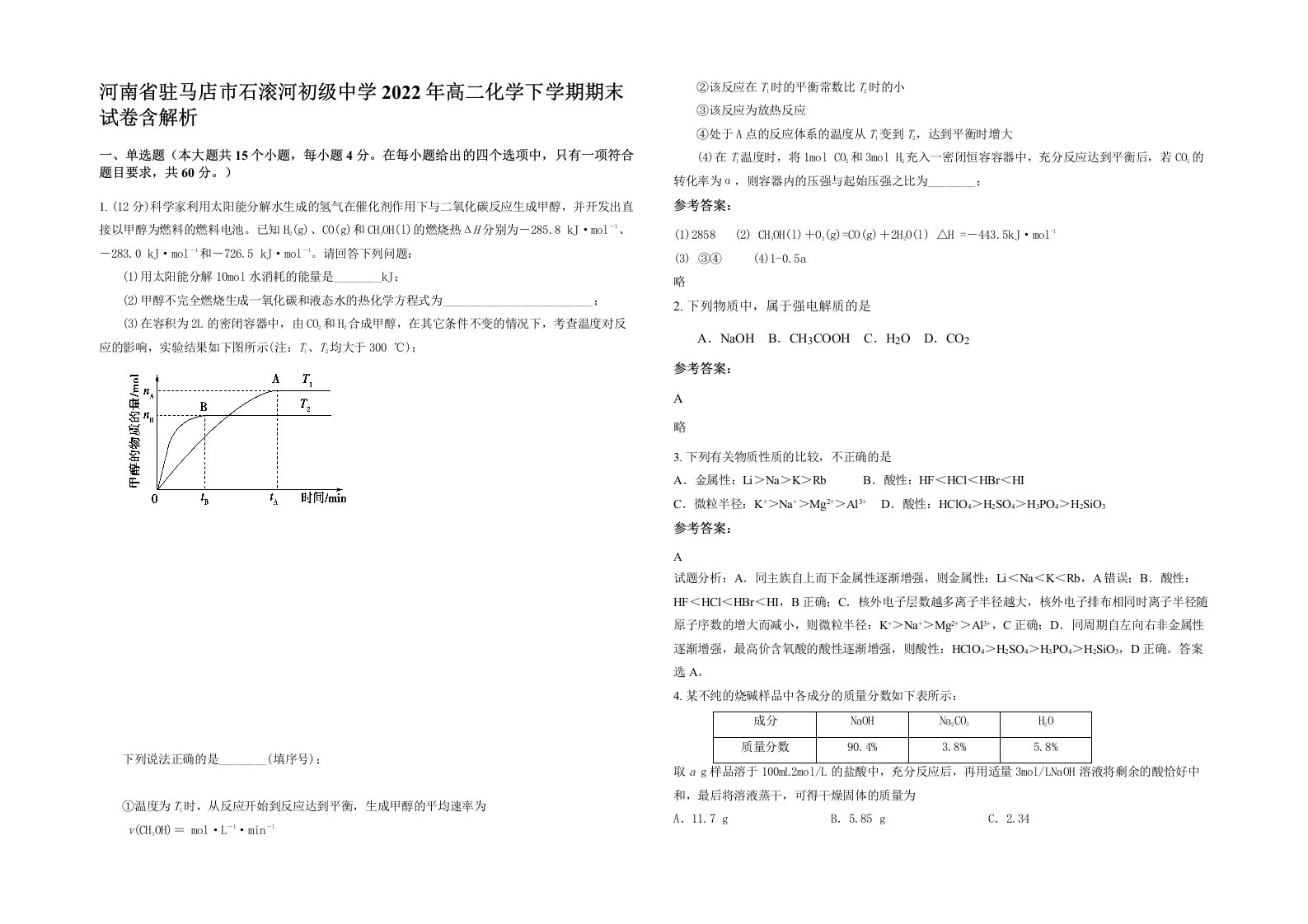 河南省驻马店市石滚河初级中学2022年高二化学下学期期末试卷含解析