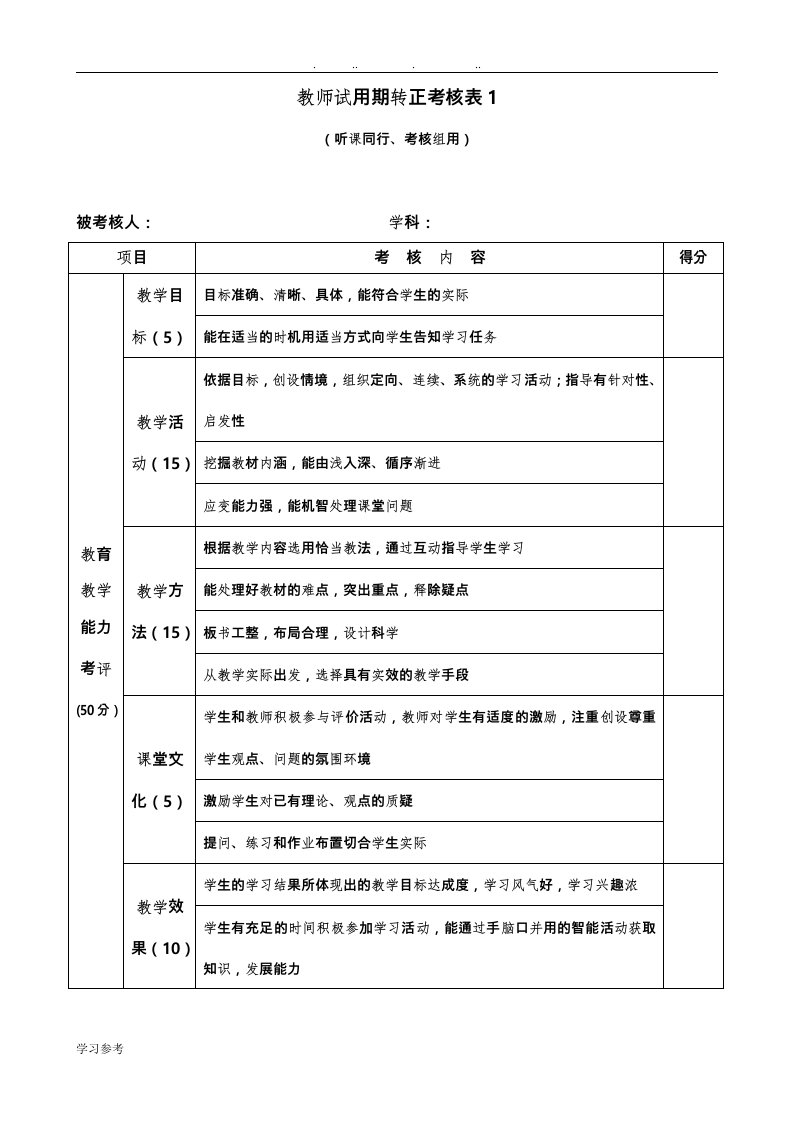 教师试用期转正考核表