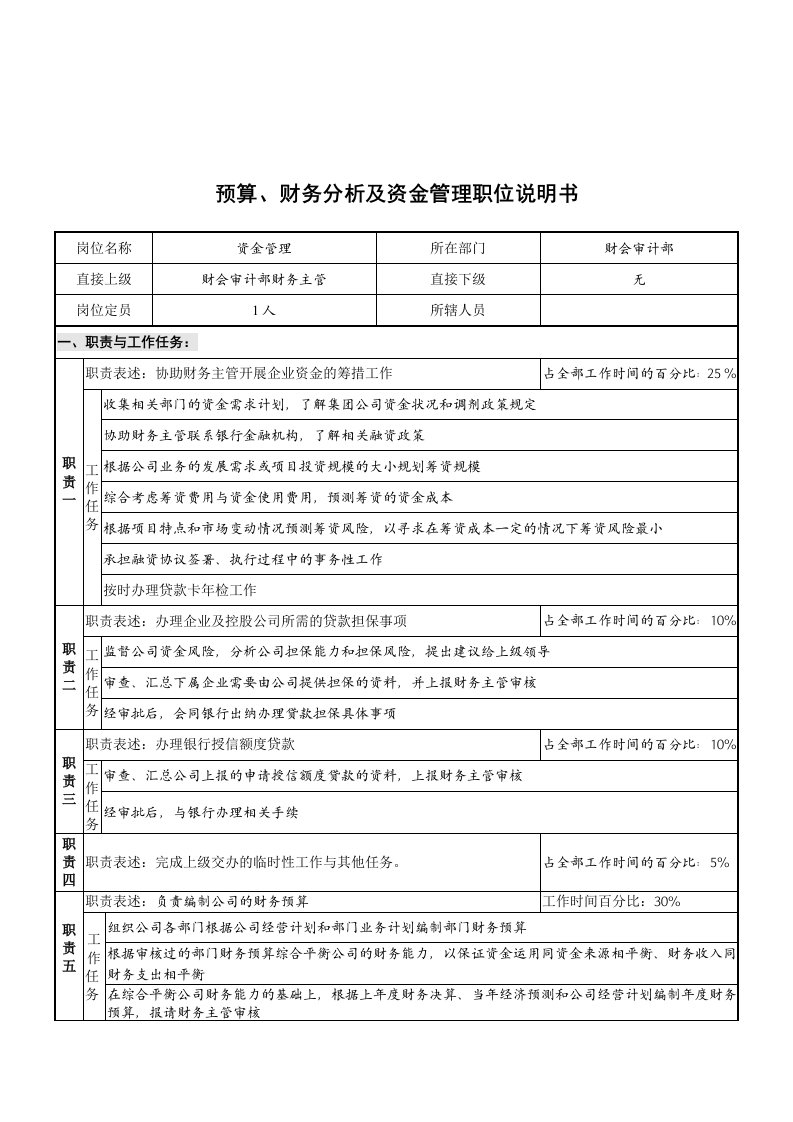 财会审计部资金管理岗位说明书