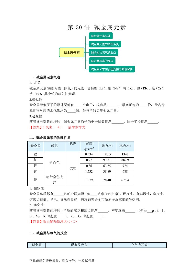 高一化学新人教版同步精讲必修1第30讲碱金属元素