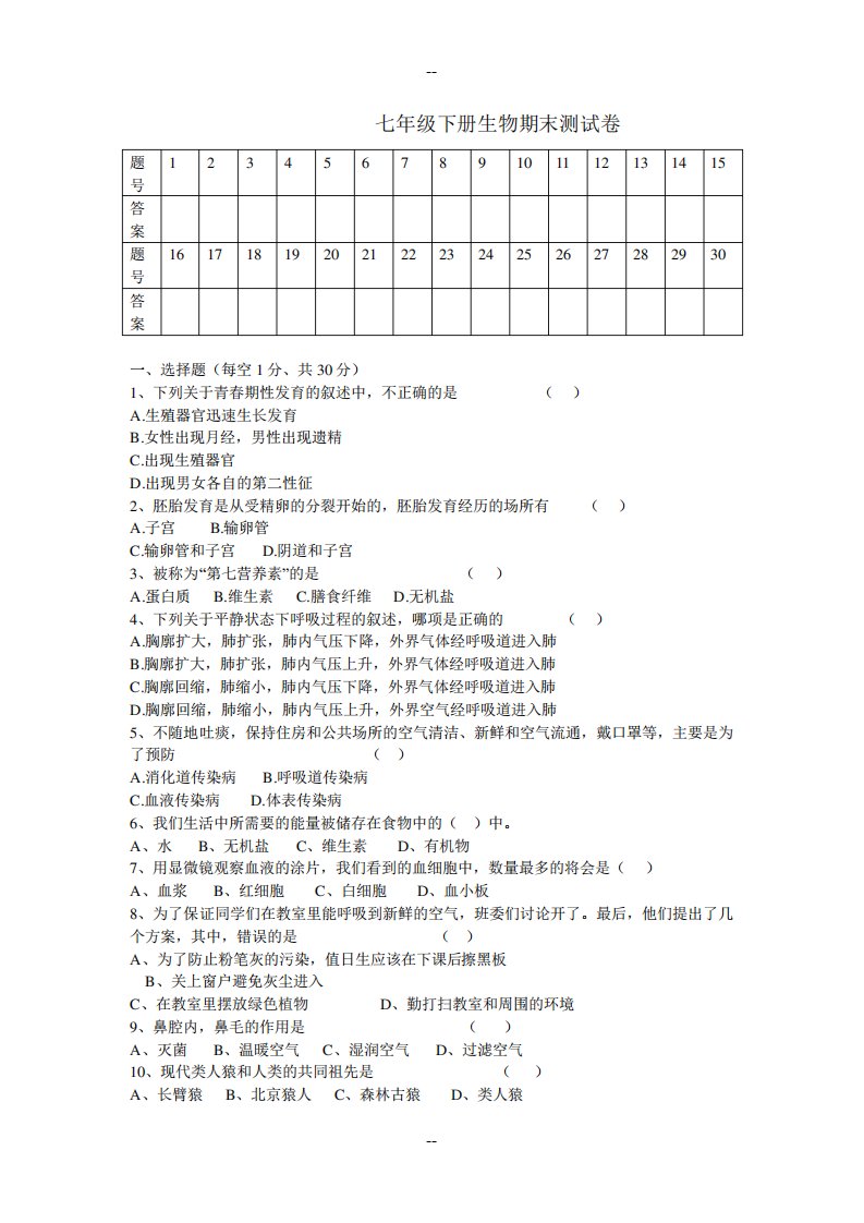 1人教版七年级下册生物期末试卷