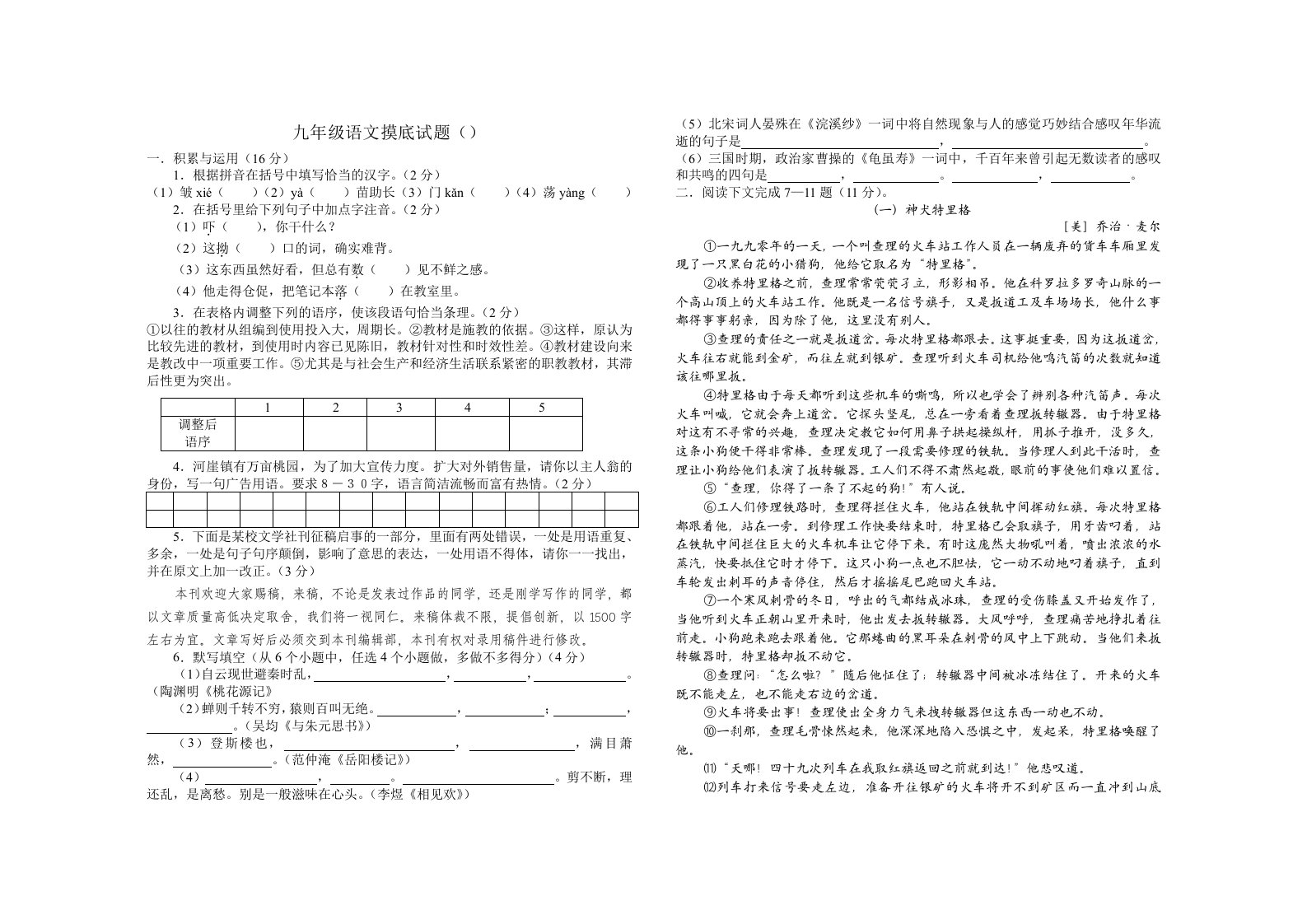 九年级语文摸底试题