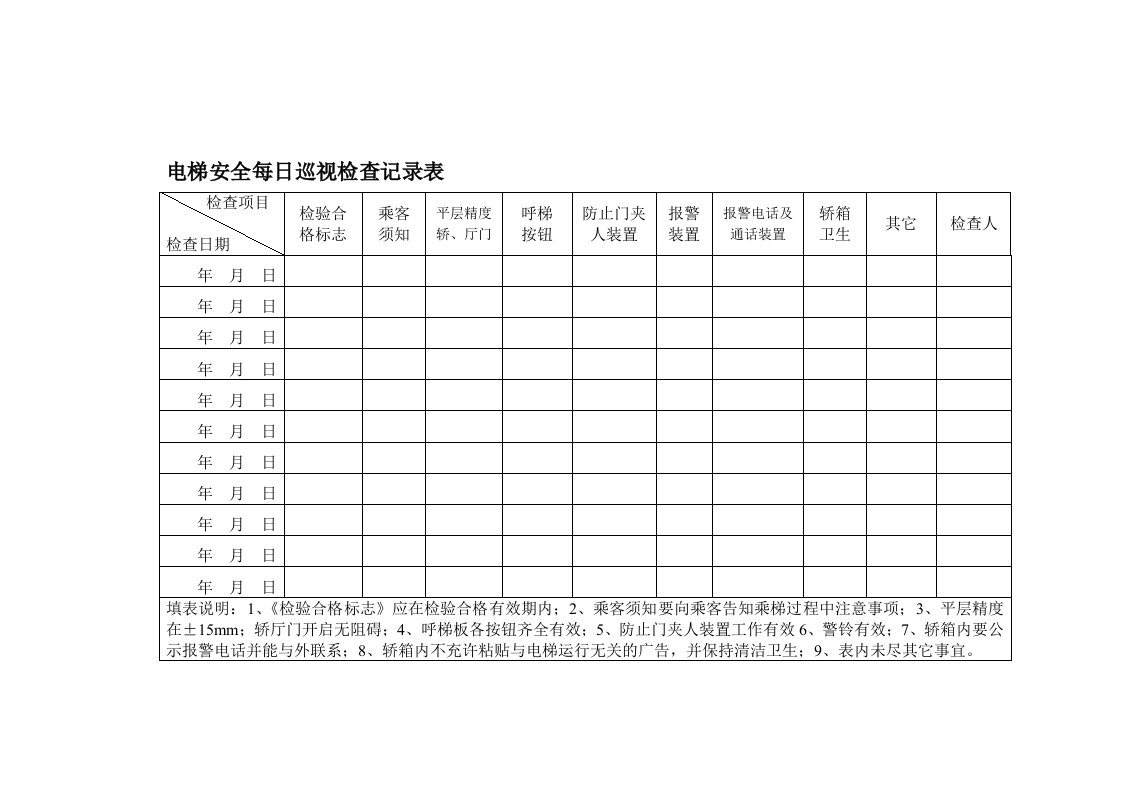 电梯安全日常检查记录表