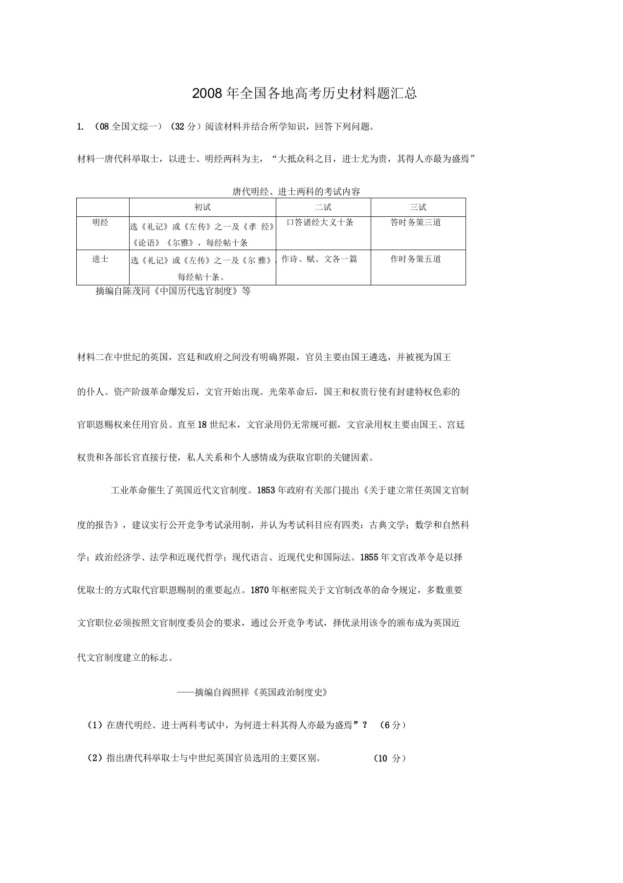 高中历史高三真题全国各地高考历史材料题汇总