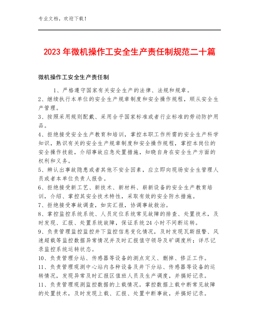 2023年微机操作工安全生产责任制规范二十篇