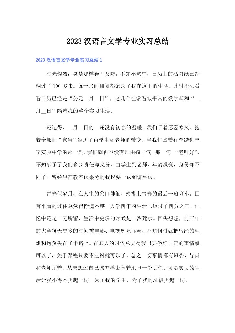 2023汉语言文学专业实习总结