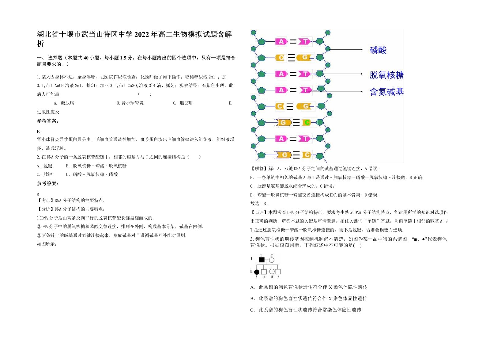 湖北省十堰市武当山特区中学2022年高二生物模拟试题含解析