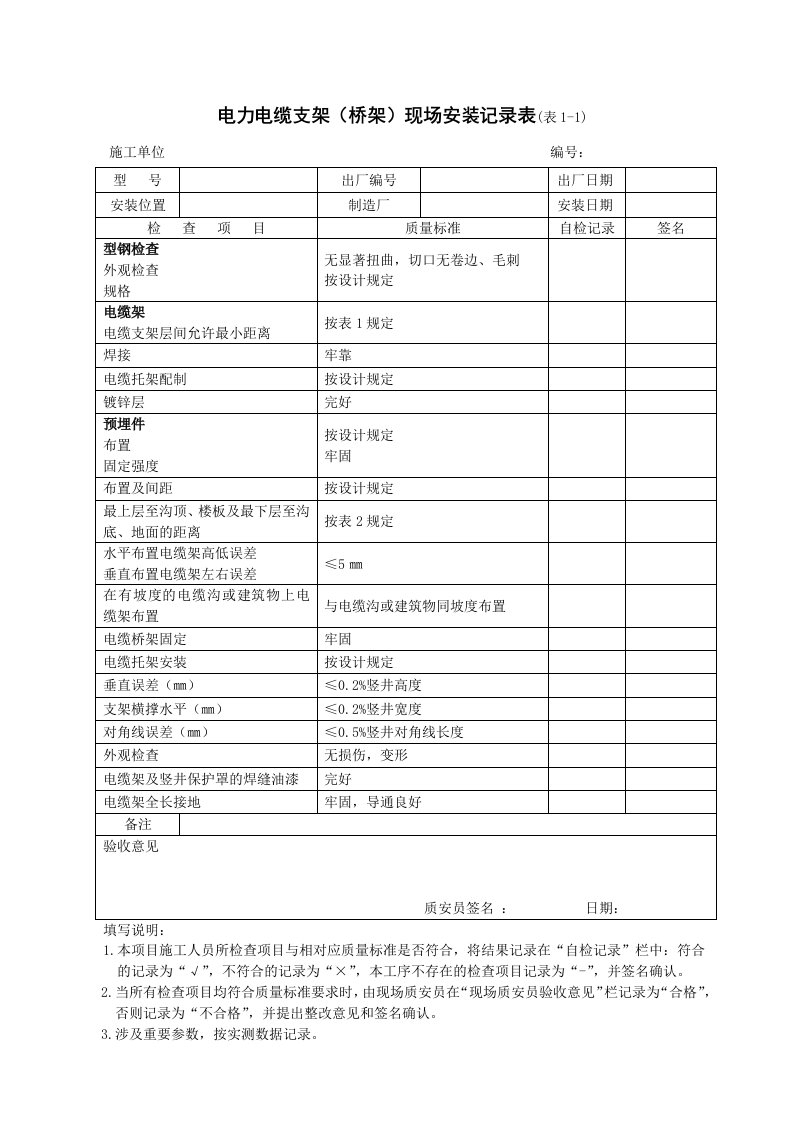 《电缆安装记录表》word版