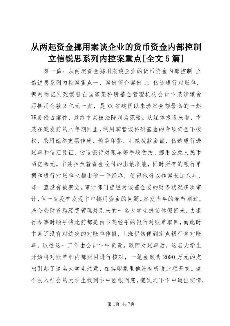 从两起资金挪用案谈企业的货币资金内部控制立信锐思系列内控案重点[全文5篇]